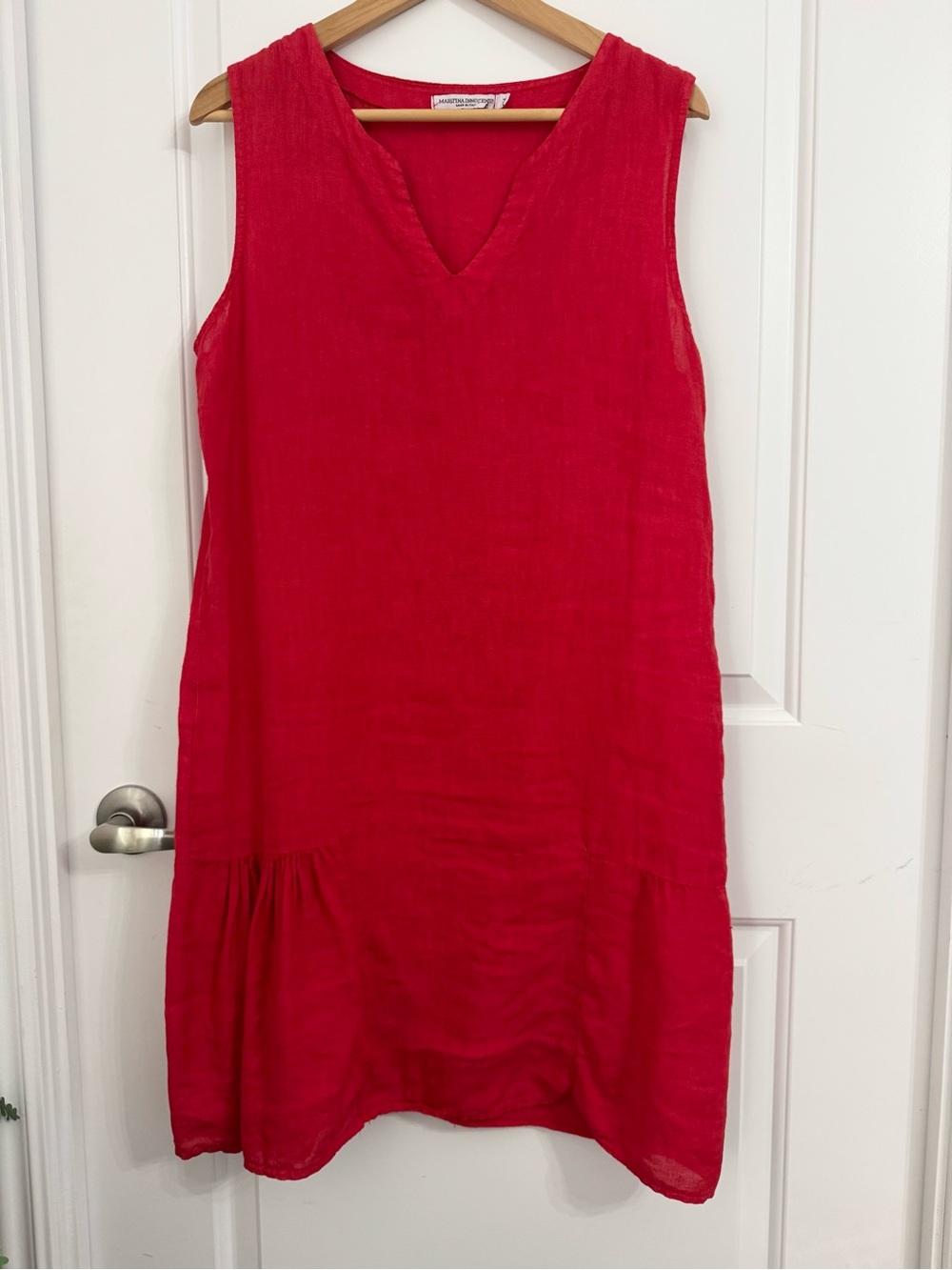 Martina Innocenti Sleeveless Linen V-Neck Dress in Vibrant Red, Medium